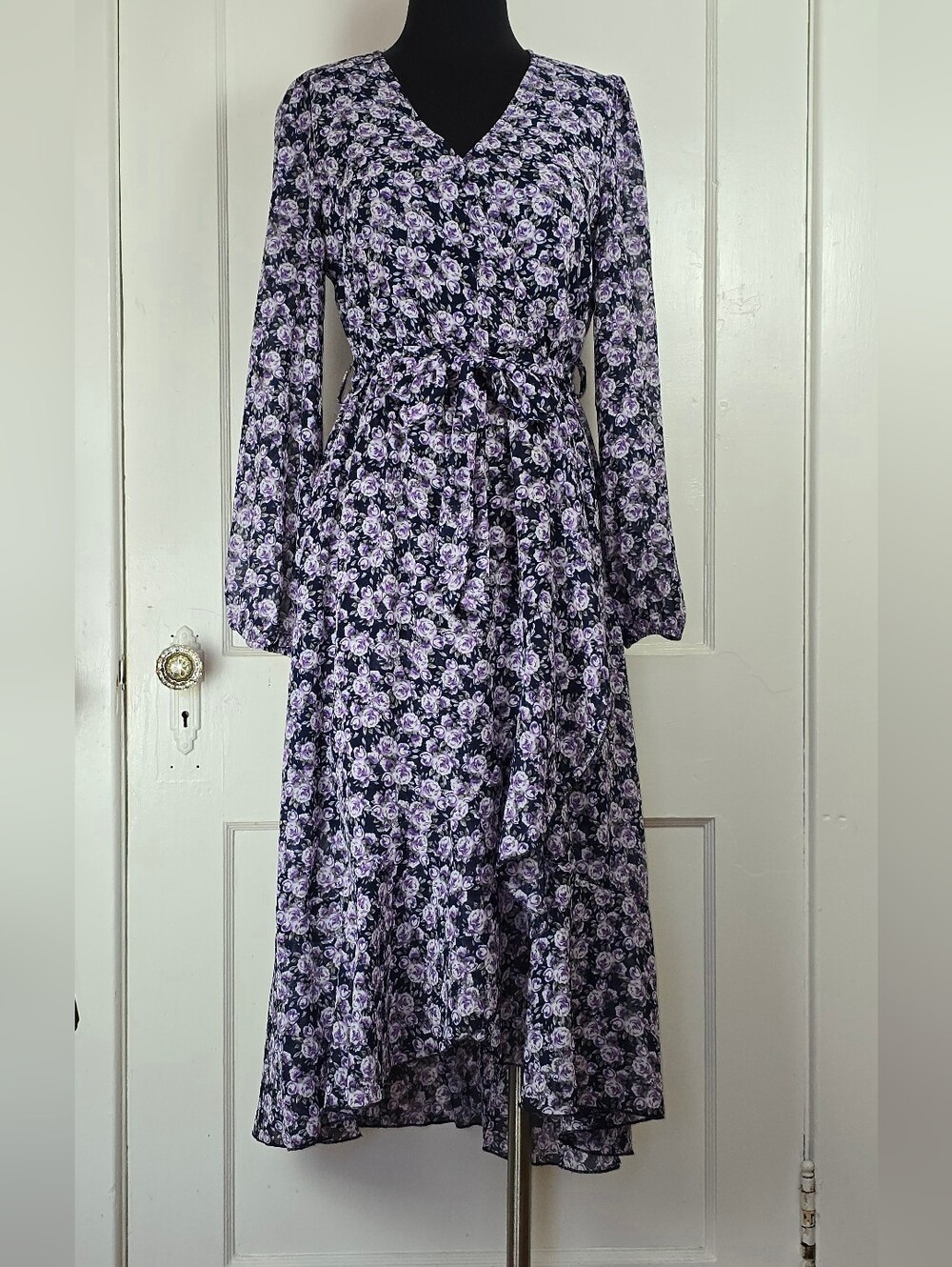 Pretty Garden Navy Purple Floral Chiffon Coquette Hi Lo Dress S